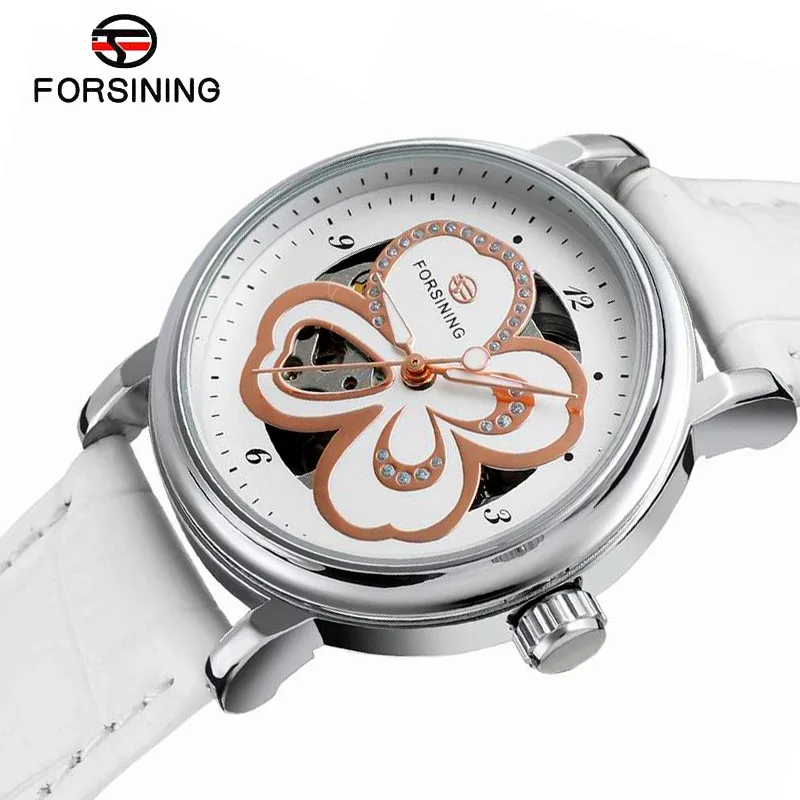 

Fashion Women Automatic Mechanical Watch Leather Strap Crystal Watches Skeleton Clover Flower Pattern Wristwatches