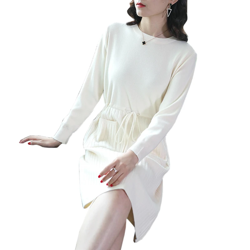 

white O-Neck Sweater dress women fashion Loose Long sleeve Knee-Length dress spring new Casual Pockets knitting dress women