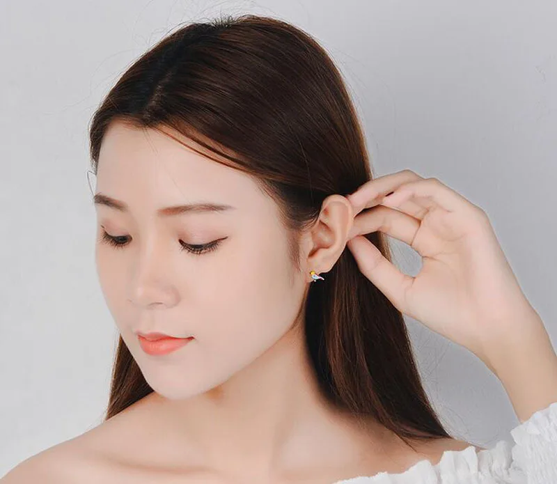 Cute 925 Sterling Silver Colorful Bird Stud Earrings For Kids Children Girl Lovely Animal Sterling-silver-jewelry