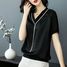 Европа новые летние женские модные Свободные Сексуальная V шеи Бисер короткий рукав шифоновые рубашки Топы женские Повседневное плюс Размеры T рубашка