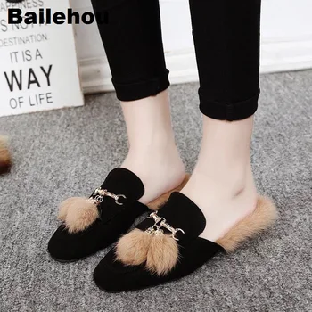 

Bailehou Women Fur Slippers Suede Plush Mule Shoes Retro British Tassel Buckle Loafers Flat Women Casual Shoes Outdoor Slippers
