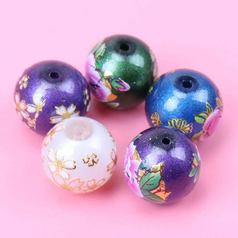 

5pcs 12mm Mix color Flower Printing Round Loose Beads Acrylic Spacer Beads For Jewelry Making Wholesale