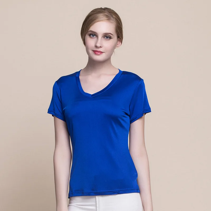 Летняя женская футболка Натуральный шелк повседневная трикотажная рубашка с коротким рукавом Удобная дышащая свободная футболка с V-образным вырезом 1008