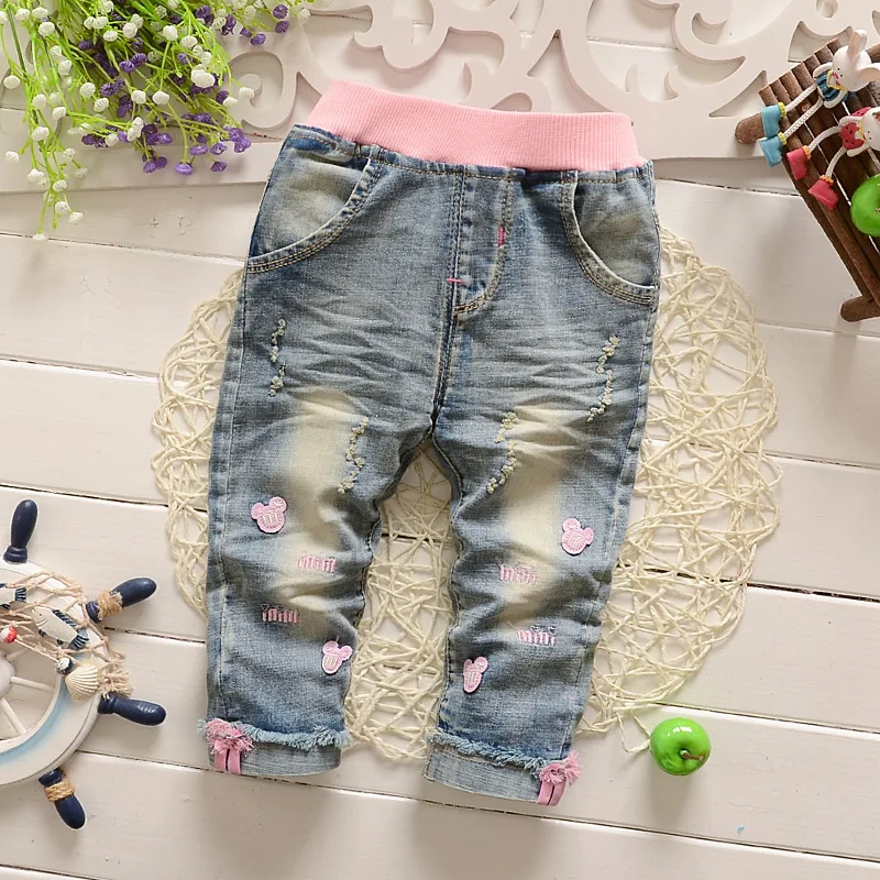 Повседневные весенне-осенние потертые джинсы из денима с рисунком мышки для маленьких девочек длинные штаны детские брюки S4750