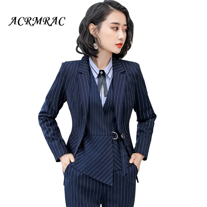 

ACRMRAC Women suits Slim stripe jacket pants OL Business Formal Women pants suits Women set suits