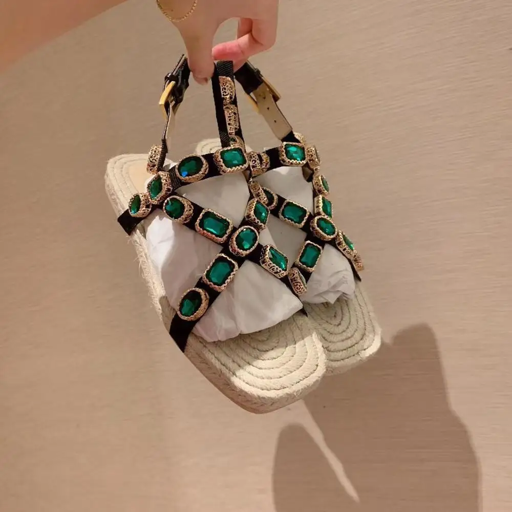 

2019 Shoes Woman Espadrilles Sandals Cross-strap Flats Sandals Square Toes Crystal Sandals Woman Bling Sapato Feminino
