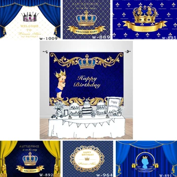 

Happy Birthday Background Blue and Gold Crown Baby Boy Royal Prince Birthday Backdrop Baby Bhower Photophone Dessert Table Decor