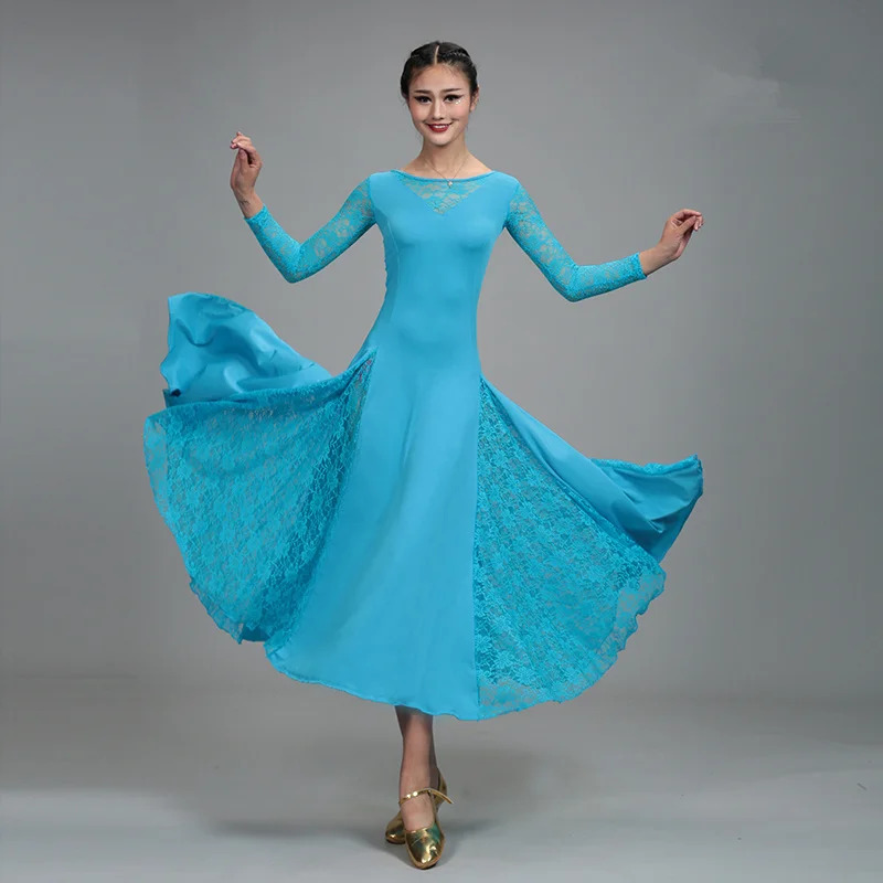 Sexy Lace Mesh Long Sleeve Ballroom Dance Costume Clothes Women Standard Ballroom Dancing Dresses