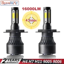 BraveWay 4 Sides Lumens LED COB 16000LM H4 H7 H11 9005 9006 Car LED Headlight Bulbs Auto Headlamp LED Light 12v 24v Light Bulbs