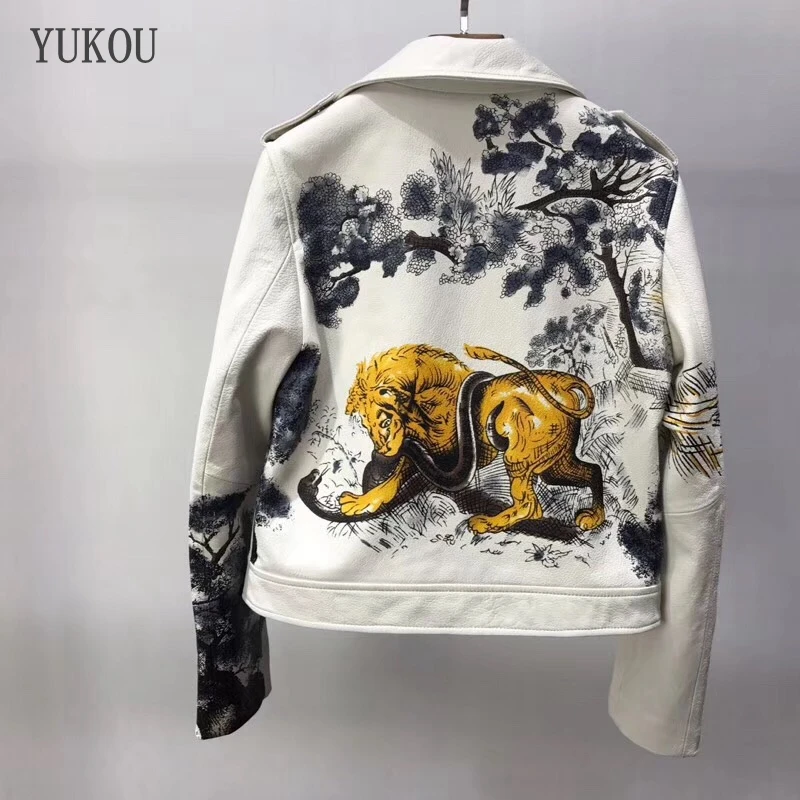 

Women Genuine Leather 2019 New Fashion Winter Lady Bomber Motorcycle Real Sheepskin Jackets Zippers High Quality Printed Leather
