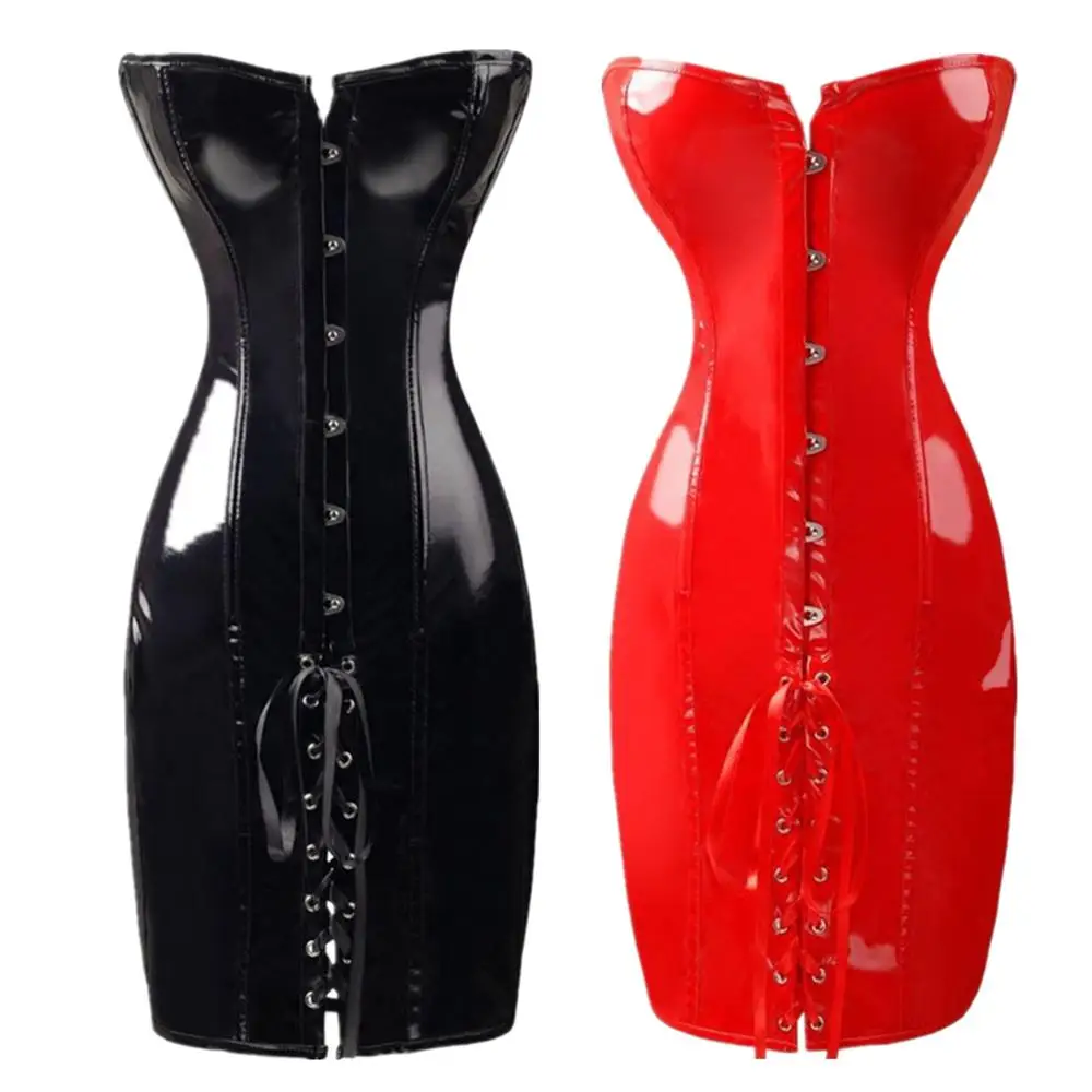 

Women Sexy Gothic Black Red PVC Corset Dress VINYL Faux Leather Exotic Bondage Clubwear Size S-XXL