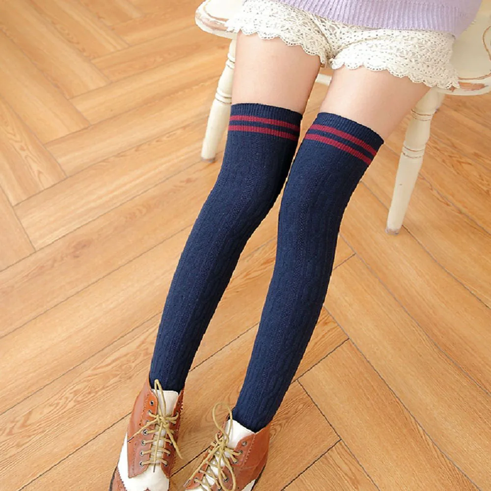 Women Knit Cotton Over The Knee Long Socks Striped Thigh High Stocking Socks US