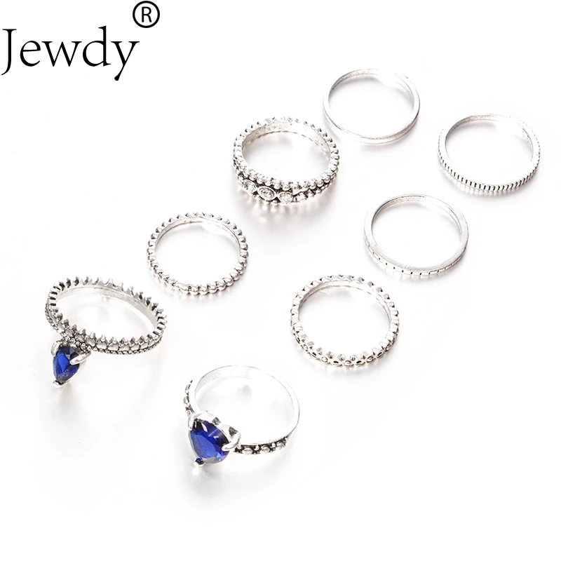Набор колец с кристаллами Jewdy blue heart для женщин серебряная в стиле бохо набор миди