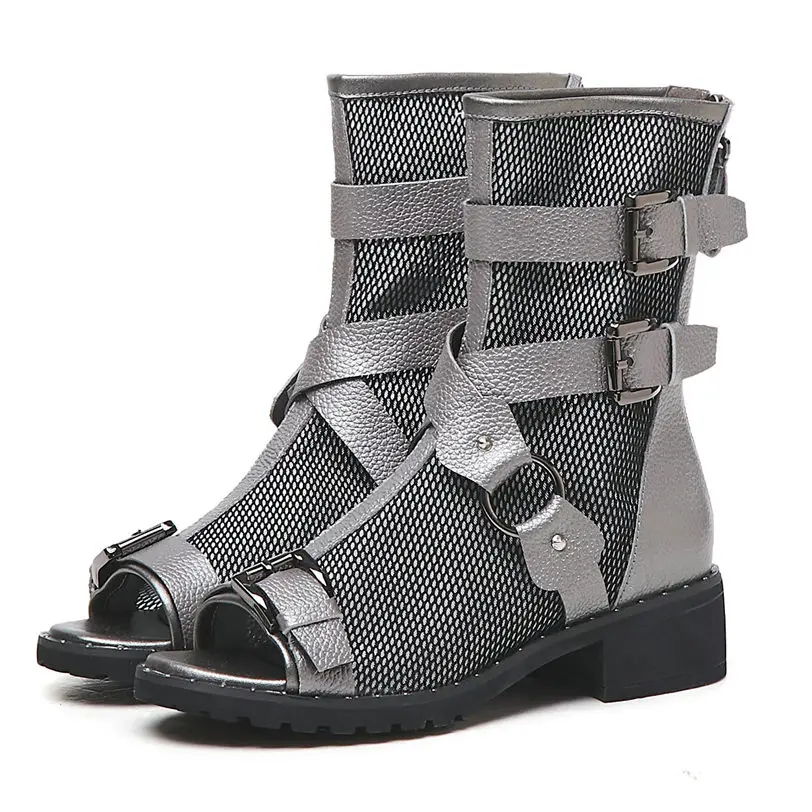 

Punk Summer Boots Women Cow Leather Platform Roman Gladiator Sandals Open Toe High Top Rivet Oxfords Breathable Mesh Casual Shoe