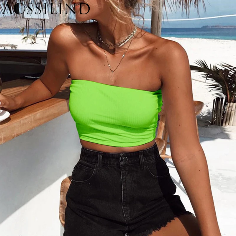 

AOSSILIND Neon green crop top 2019 summer women fashion tube tops skinny sexy casual club party tank tops