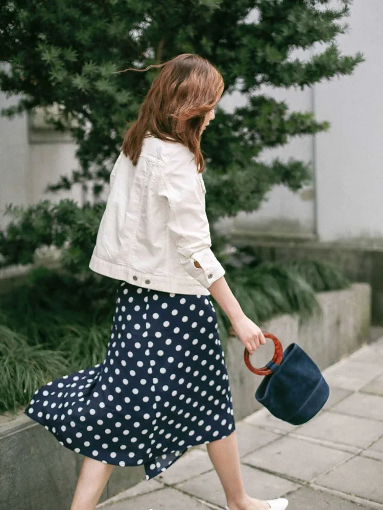 

cool fabric skirt summer fashion Navy blue dot pattern holiday style skirt Split design asymmetrical skirt