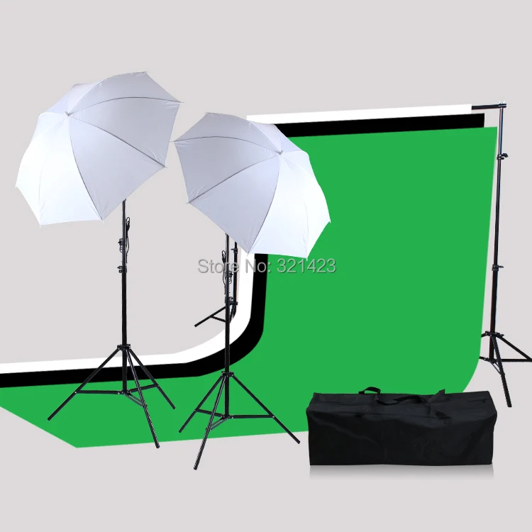 

3x2M Green Black White Muslin Backdrop 2x2M Background Support 33" Flash Soft Umbrella E27 Lamp Holder 45W 5500K Bulbs with Bag