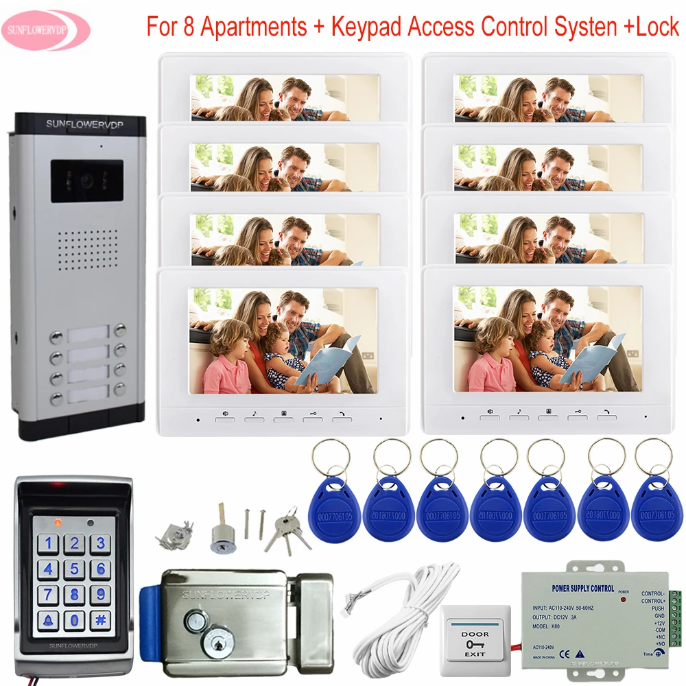 8 Apartments Video Door Entry Panel Video Intercom Video Doorphone Keypad Access Control Door Video Intercom with Electric Lock