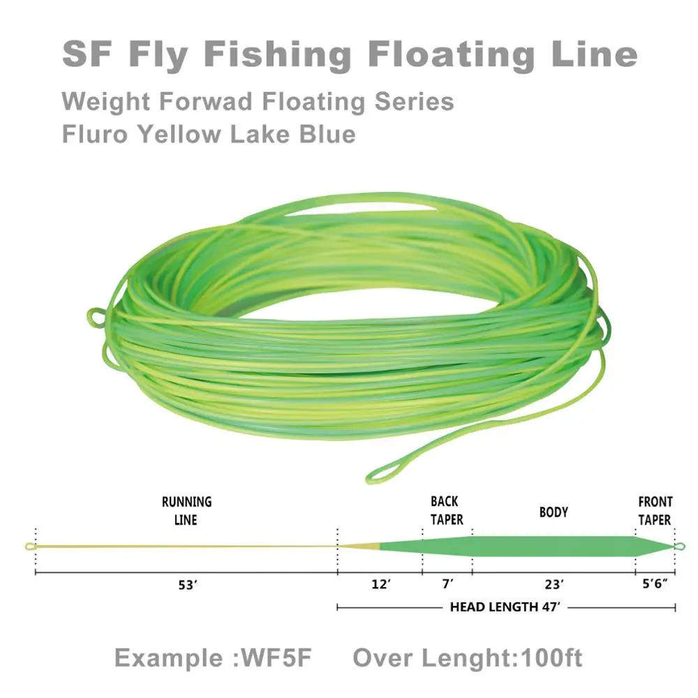 SF Fly Line All Viz двухцветный Вес вперед плавающий Fishing LineFluro желтый/Голубое озеро 100FT WF 4