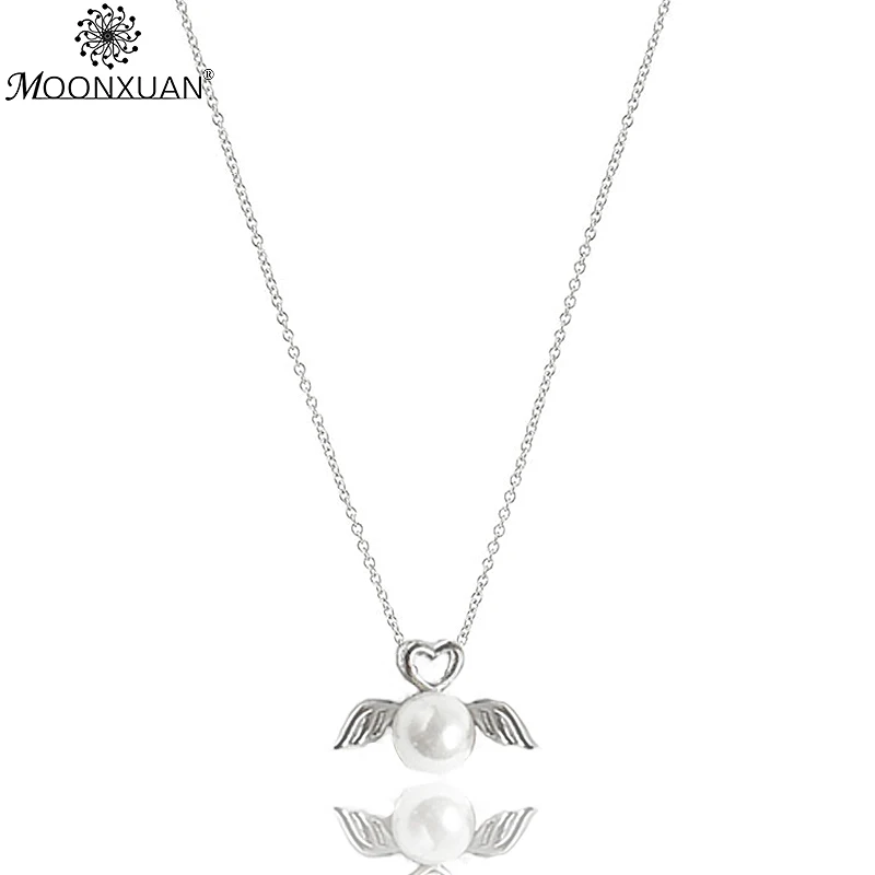 MOONXUAN 925 серебро Fine Jewelry kolye сердце любовь крылья Ангела Ожерелья с жемчужинами и