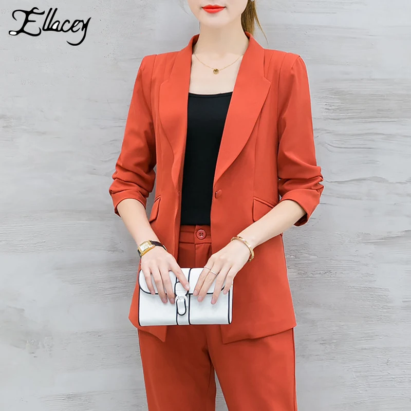 Ellacey Блейзер брюки костюмы женские 2019 Весна Тонкий Темперамент Мода двухсекционный костюм офисные женские 2 шт. брюки костюм