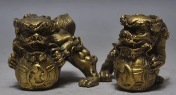 

chinese fengshui copper brass animal foo dog lion beast ball lucky statue pair