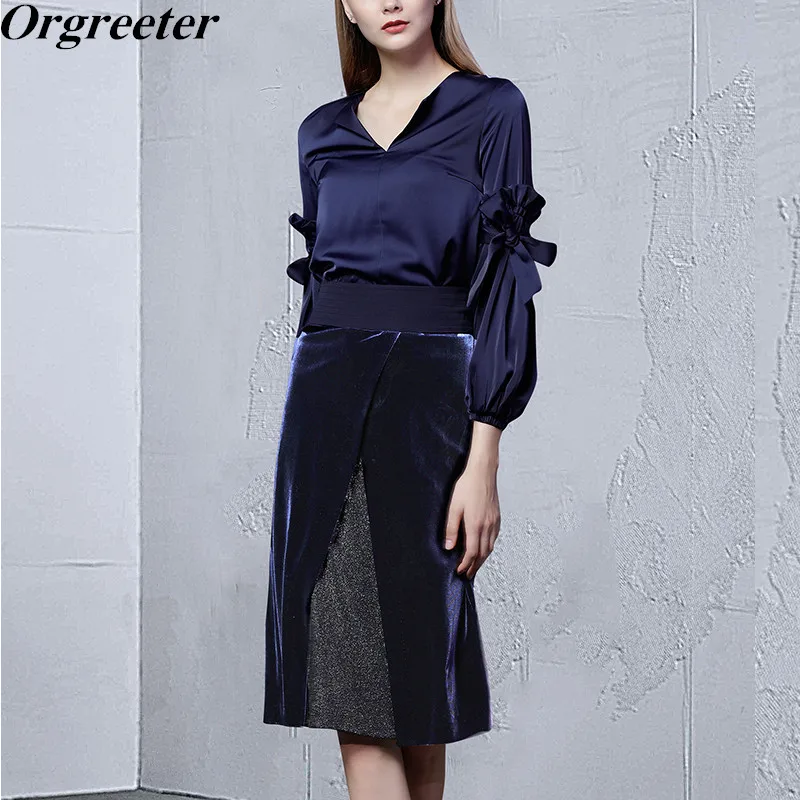 

2019 Spring Runway New Satin Shirt and Velvet skirt 2 Piece Set Women OL Lantern Sleeve V-neck Shirt and Patchwork Skirt Suit