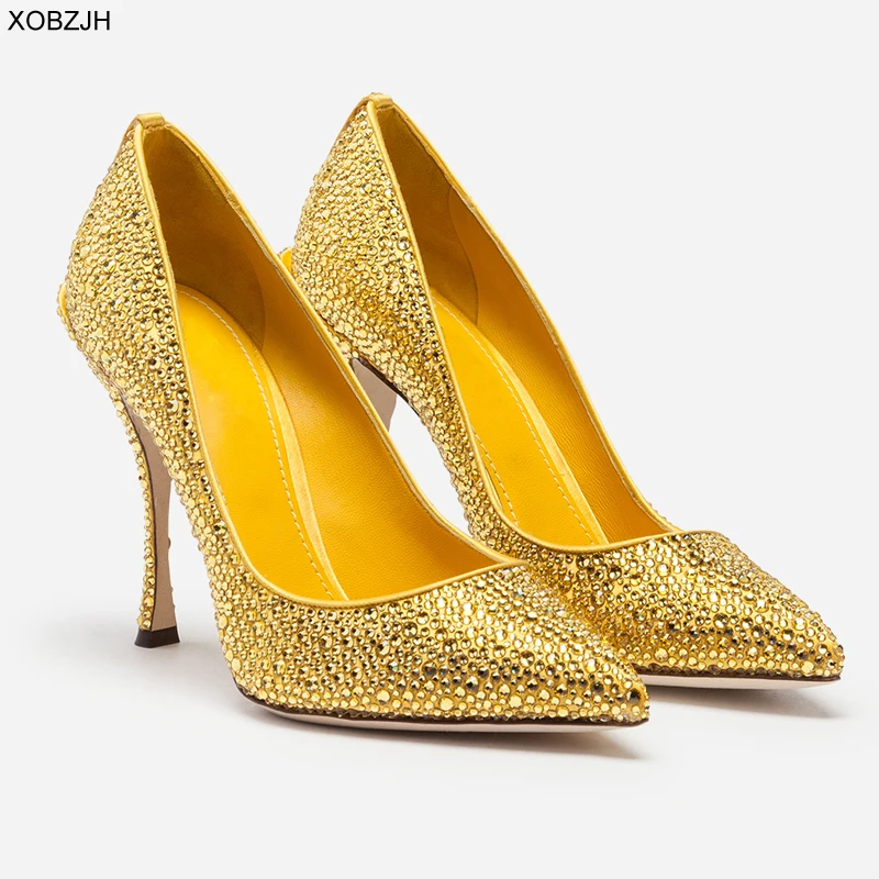 

Italian Wedding Yellow Shoes Women Pumps 2019 Luxury Brand Designer High Heels Ladies Rhinestone Party Shoes Woman plus Size 43