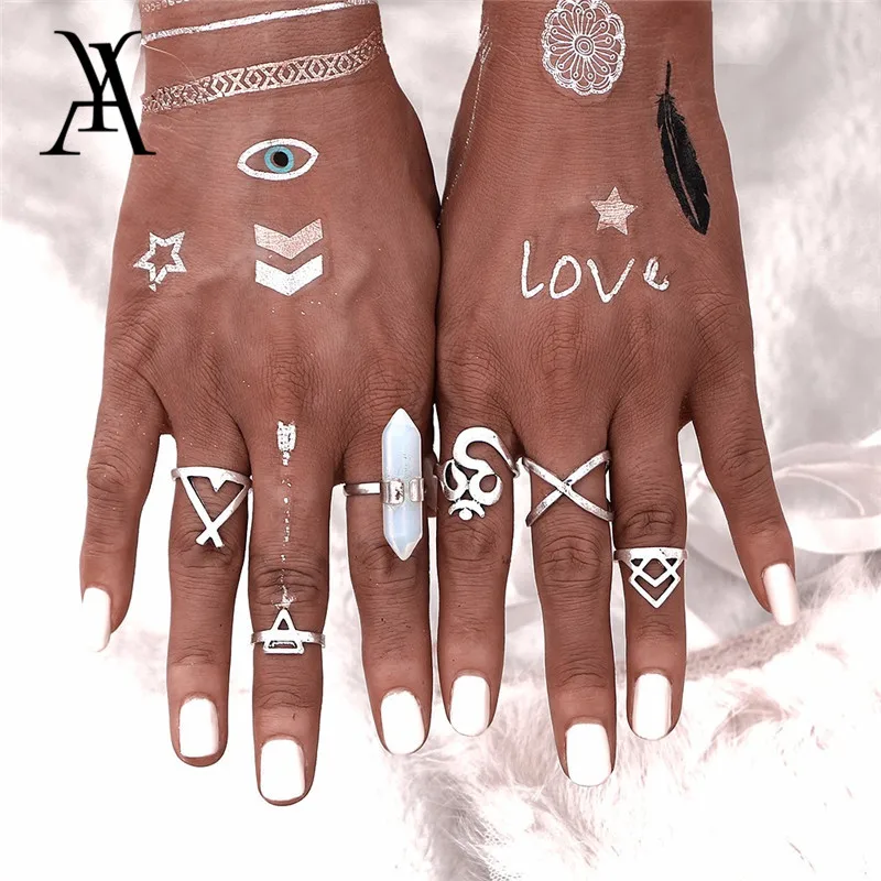 

6 PCS Natural Stone Rings Sets Vintage Bohemian Turkish Midi Ring Set Steampunk Snake Joint Ring Knuckle Rings for Women