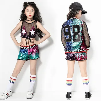 

Children's jazz dance costumes Korean version of the navel sequins suit hip-hop girls hip-hop clothing tide new