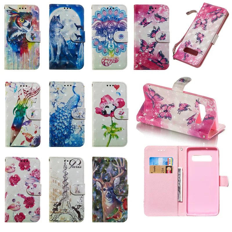 3D Leather Wallet Case For Galaxy S10 Lite S9 Note 9 8 (J6 J4 J7 J8)2018 Flip Cover Wolf Eiffel Tower Butterfly Flamingo 60PCS | Мобильные