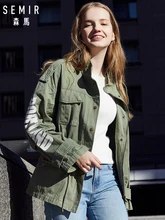 SEMIR Women Long Stand-up Collar Utility Jacket with Applique Womens Jacket with Pocket Drawstring at Waist Zip and Snap Closure flower print zip up jacket with pencil pants