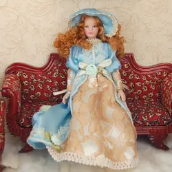1/12 кукольный домик Миниатюрный фарфор куклы викторианская леди в голубой костюм шапочка для детской игрушки