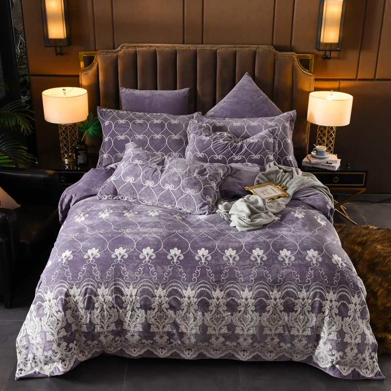

Luxury European Style Embroidery Winter Thick Velvet Flannel Bedding Set Purple Blue Red Duvet Cover Bed Linen/sheet Pillowcases