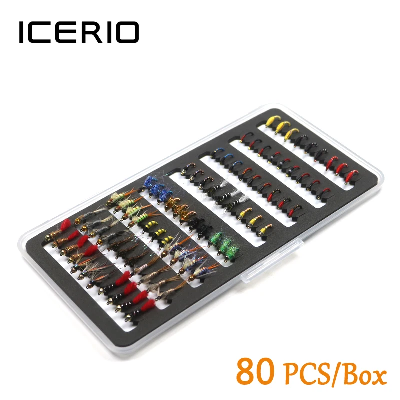 

ICERIO 80PCS Midge Larvae Pupa Stonefly Nymphs Fly Fishing Flies Kit Assortment with Box
