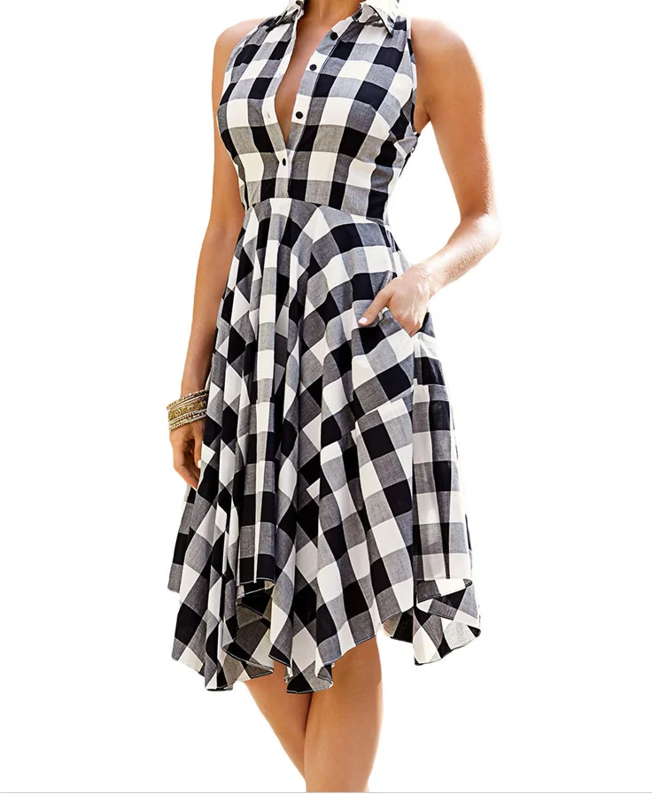 2017 проверяет расклешенные Plaid Shirtdress взрывы отдыха платья в винтажном стиле