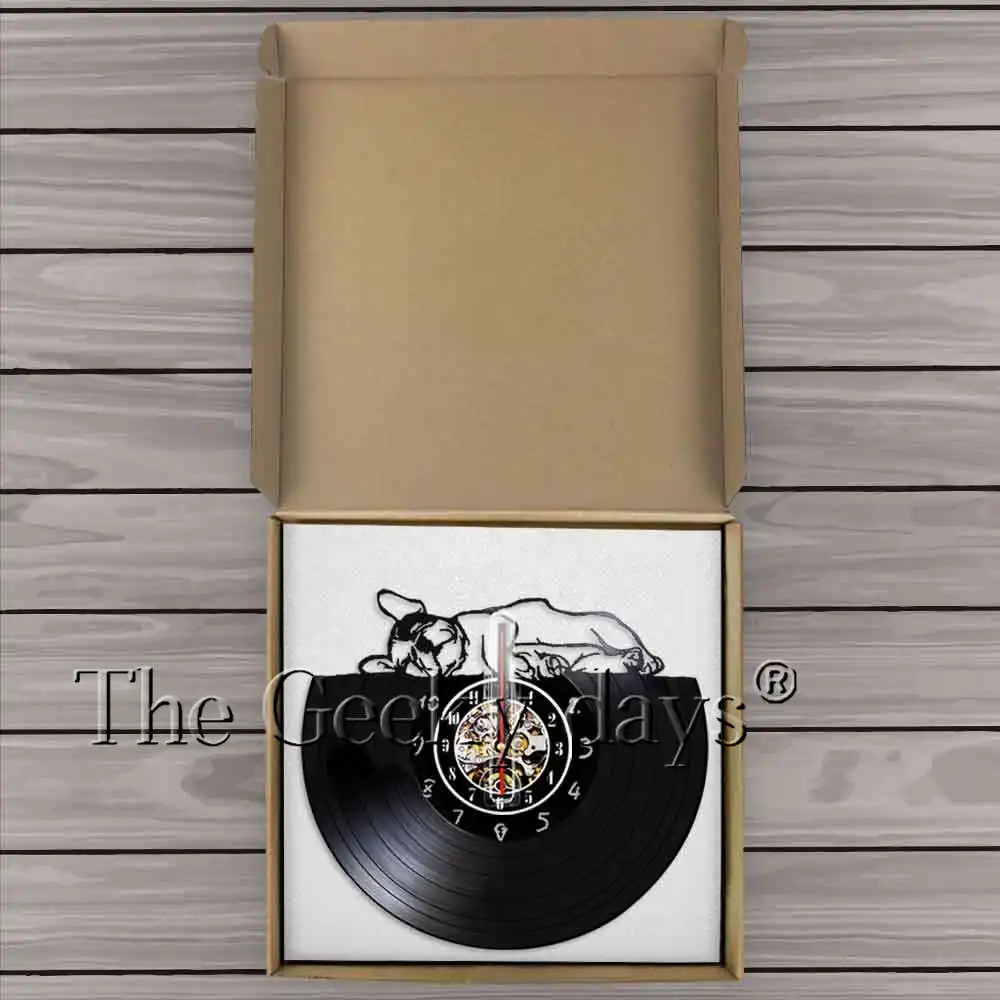 رائعتين الفرنسية بلدغ النوم ساعة حائط الحديثة DesignVinyl سجل الوقت ساعة الكلب جرو الحيوانات الأليفة الحضانة جدار ديكور