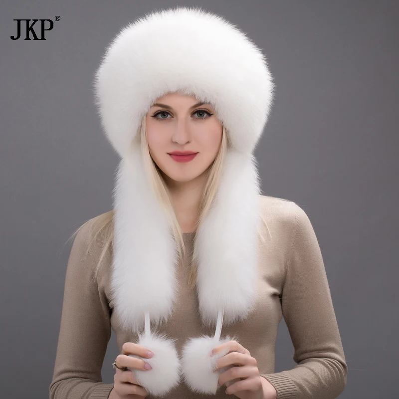 

2017Genuine fox fur hats bumbers with rabbit fur top pompom winter woman luxury new Russian bombers trapper hats HHY17-19