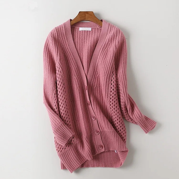  goat cashmere hollow-out kint women fashion Vneck cardigan sweater coat single breasted mid-long so