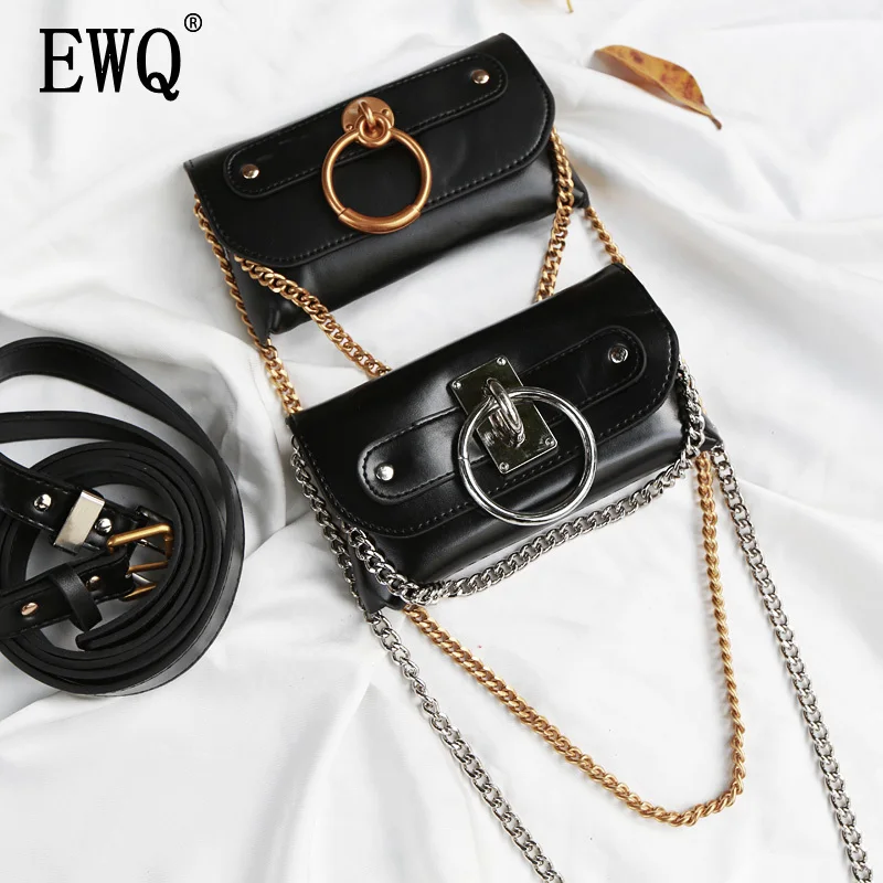 

[EWQ] 2019 Summer New Women PU Belt Rectangular Pocket Fashion Metal Chain Ring Accessories Soft Leather High Quality Waist Bag