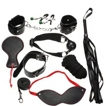 Sex Product Adult Games 8pcs Leather Handcuffs Gag Nipple Clamps Whip Mask Erotic Toy Fetish Sex Bondage Restraint Sex Toy PY156