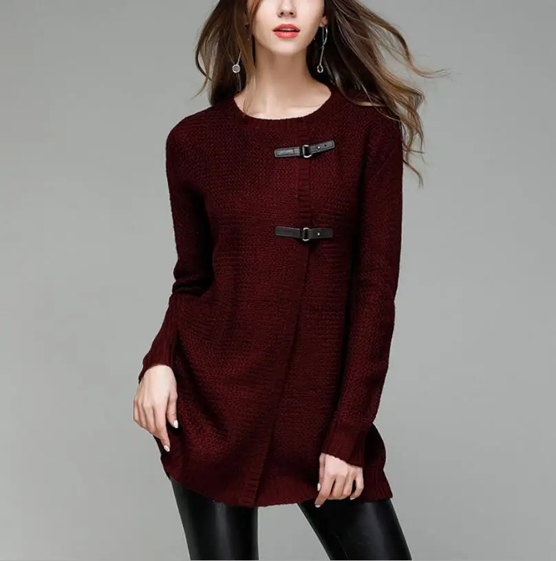 Autumn Leader sales elegant long knitted cardigan sweater large Size solid PU button o-neck Soft Open stitch sweaters jumper |