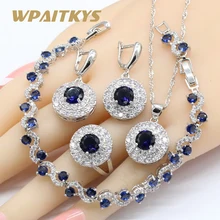 Синий белый кубический цирконий 925 Серебряные Ювелирные наборы ожерелье кулон серьги браслеты кольца для женщин подарочная коробка