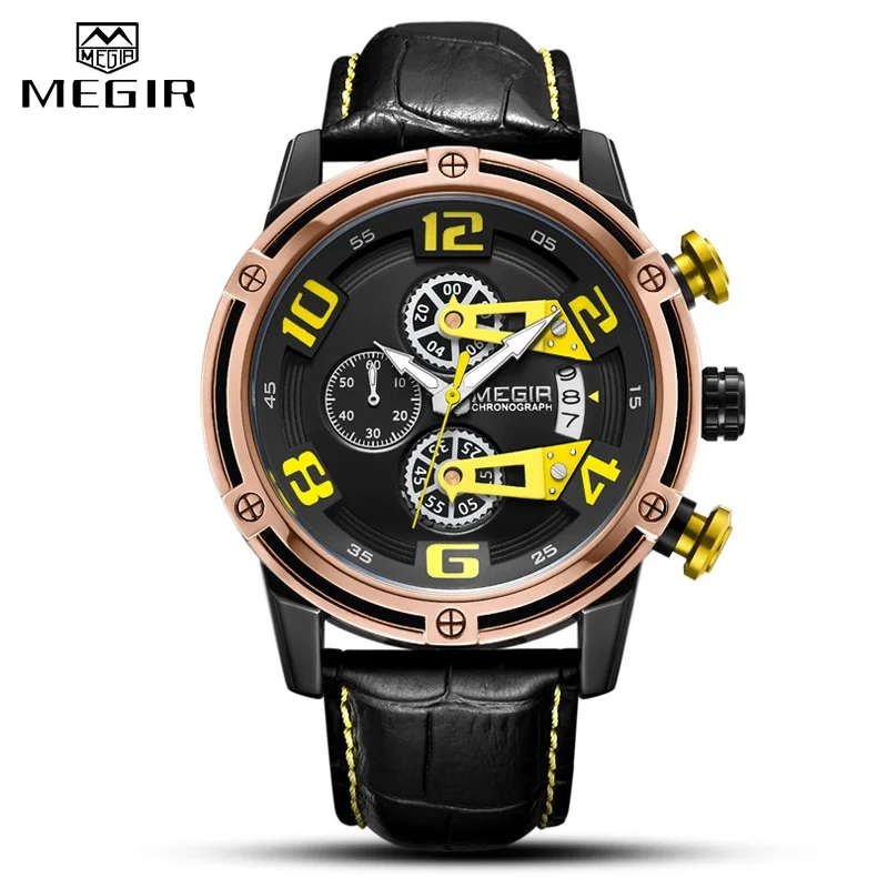 Мужские спортивные кварцевые часы MEGIR с хронографом и кожаным ремешком, мужские Модные Повседневные часы, военные аналоговые часы, мужские часы - Цвет: Black Yellow