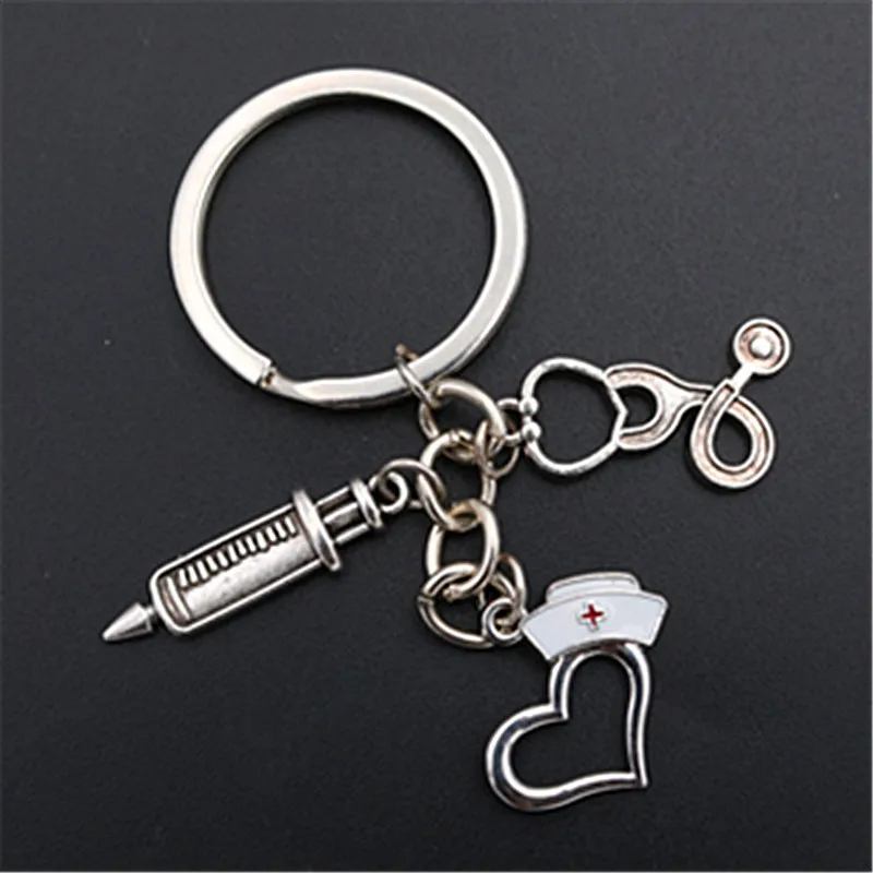 

WKOUD 1pc Antique Silver Nurse Hat & Stethoscope & Syringe Keychain DIY Creative Medical Staff Charm Alloy Key Chain findings