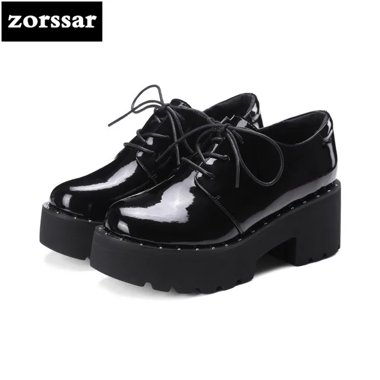 

{Zorssar} 2018 NEW fashion Patent leather womens shoes casual Lace-up Square heel Round toe High heels women Creepers shoes