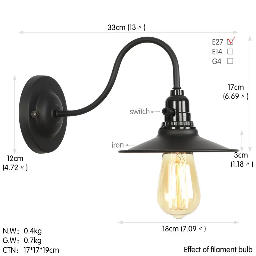Лофт промышленный винтажный настенный светильник LED Эдисон бра переключатель