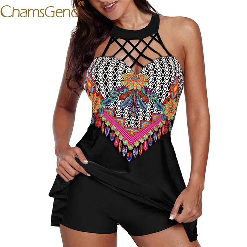 

Swimwear Women Tankini Set Two Piece Swimsuit Bohemia Print Sexy Halter Hollow Out Bandage Bikini Black Bathing Suit 90604