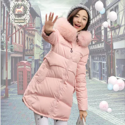 Новинка, корейский стиль, женская зимняя куртка, повседневный Свободный плащ, пуховик, большой меховой воротник, с капюшоном, элегантное свободное пуховое пальто, ST375