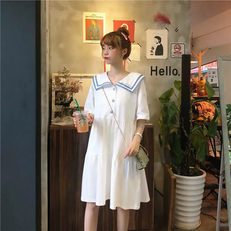 

Summer dress 2019 korea fashion sailor collar striped dress women clothes midi loose casual button robe vestidos elegant dresses